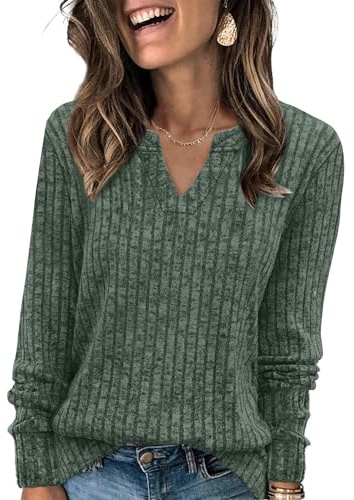 Aokosor Jumpers for Women Lightweight Sweatshirts Ladies V Neck Long Sleeve Tops Women Loose Fit Size 14-16 Green