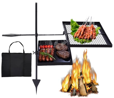 Outvita Swivel Campfire Grill Skillet Combo, Portable Heavy Duty Camping Grill Grate with Height Adjustable Grill Grate and Grill Pan and Carry Bag, Black