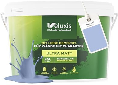Veluxis Wandfarbe Blau Hellblau Lila matt 2,5 L – Cake Pop | Innenfarbe mit Deckkraft Klasse 1, VOC-frei, ohne Grundierung, tropfarm, für Wohnzimmer und Schlafzimmer