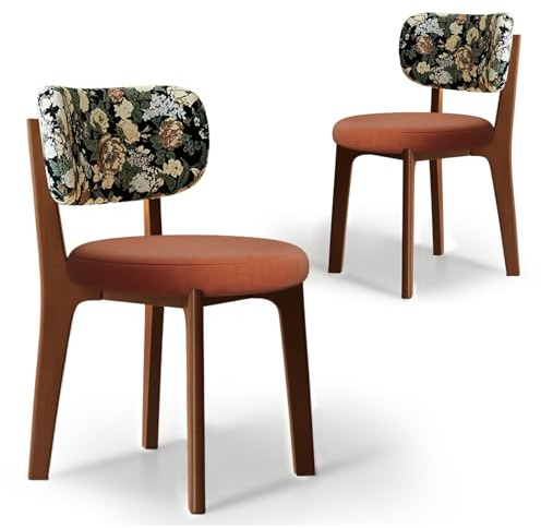 CADEHUB Esszimmerstühle im Mid-Century-Modern-Stil, Esszimmerstühle aus Massivholz 2er-Set, Sitzpolster aus hochdichtem Schaumstoff und geschwungene Rückenlehne Walnut Orange Velvet+Floral Pattern