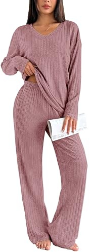 Ekouaer Women's Pyjamas Set Ribbed Knit Winter Lounge Set | simple chic style, v neck, warm fluffy fabric, perfect for cold weather, elastic waist, pockets, sleep&lounge