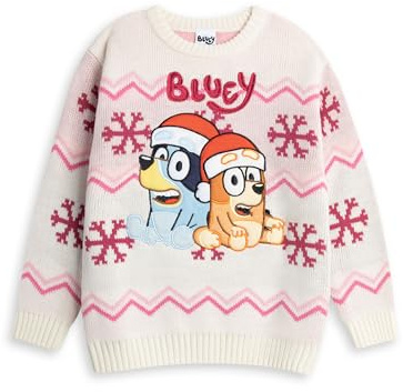BlueY Weihnachtspullover „Bingo Girls“ in Creme und Rosa | Langärmliger Rundhalsausschnitt | Strickwaren mit Cartoon-Motiven für die Festtage | Merch