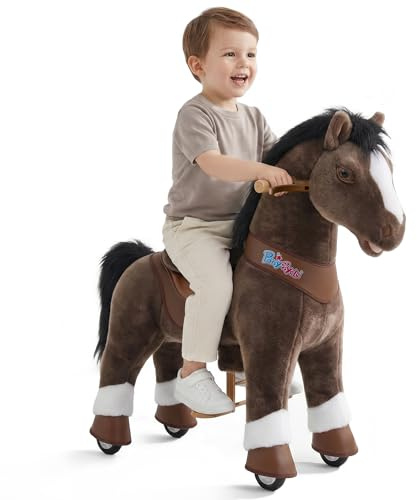 PonyCycle Modell Y Reitpferd auf Rollen| Schokobraun| 3-4 Jahre| mit Bremse | Pferd zum Reiten für Kinder, beweglicher Sattel für echtes Laufen, leise Räder & Handbremse, Indoor & Outdoor, Größe 3