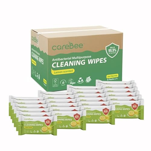 CareBee Plastic-Free Antibacterial Surface Wipes | Plant-Based, Biodegradable, FSC Certified, Vegan | Lemon-Scented Surface Cleaning Wipes (Pack of 24)