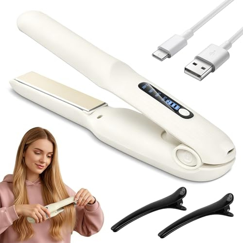 Focenat Plancha Pelo Inalámbrica 2 en 1, Mini Plancha de Pelo y Rizador con 4 Temperaturas, Pantalla LED, Batería 4000mAh USB Recargable, Portátil Plancha Pelo Viaje para Todo Tipo de Cabello (Blanco)