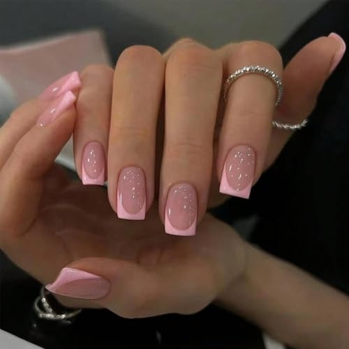 Press on Nails Short Square - Pink French Tip False Nails Short Coffin - Natural Pink Fake Nails Set Classic Soft Gel Stick on Nail for Women Daily