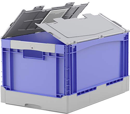 BITO 51-31472 Klappboxen EQ mit Durchfassgriffen/Glattem Boden und Anscharniertem Zweiteiligem Klappdeckel, 600 mm x 400 mm x 297 mm, 20 kg Inhaltsbelastung, Blau/Grau
