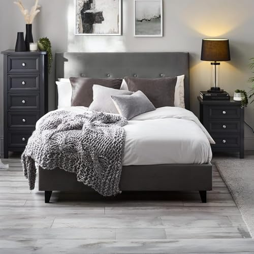 Julian Bowen Shoreditch Bed, Double, Slate Grey - W150 x D202cm | Upholstered Modern Bed Frame, 135cm/4ft6, No Box Spring Needed, High Button Tufted Headboard