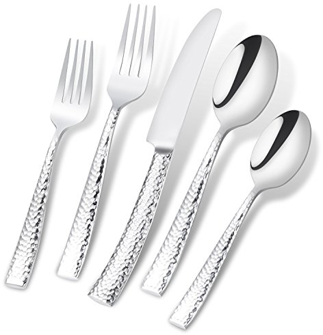 Flatasy Besteck-Set, gehämmert, hochglanzpolierter Edelstahl, 20-teiliges Set für Zuhause, Küche, Restaurant, Hotel, Einweihungsfeier, Hochzeit, Geschenkservice für 4 Personen