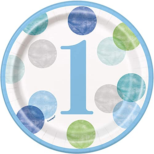 Unique Blue Dots 1st Birthday Round Dessert Plates (17cm) - Stunning Blue Polka Dot Design - Perfect for an Unforgettable Celebration- 8ct