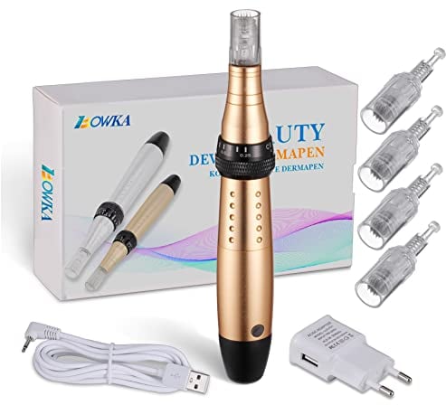 BOWKA Elektrischer Derma Pen Microneedling Pen,inkl. 2 Stück 12 Pin Nadelnpatrone 0,25mm-2,0mm 5 Geschwindigkeit für Gesicht Hautverjüngung, Anti Akne, Anti Falten (gold)
