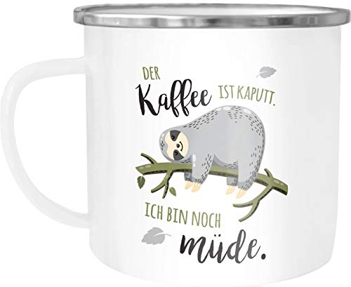 Moonworks® Emaille-Tasse Becher mit Spruch lustig Motiv Faultier Bürotasse der Kaffee ist kaputt ich bin noch müde weiß-metall Emailletasse
