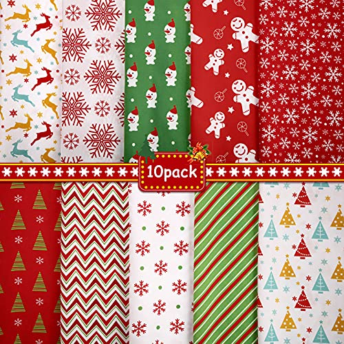 10 Stück 50 x 50 cm/ 19,68 x 19,68 Zoll Weihnachten Baumwoll Stoff Quadrate Quilten Stoff Patchwork Stoff Weihnachten Schneeflocke Druck Rot Grün Stoff für DIY Quilten Weihnachten Nähen Basteln
