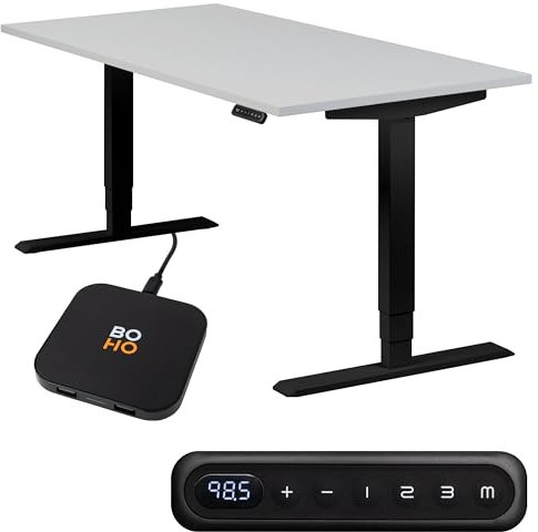 boho office® höhenverstellbarer Schreibtisch 140 x 80 cm - Elektrisch stufenlos, 2 Motoren, 3-Fach Teleskop, Memoryfunktion, inkl. Wireless Charger - Homedesk Schwarz inkl. Tischplatte in Lichtgrau