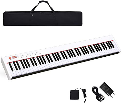 COSTWAY Piano Digital 88 Teclas, Teclado Electrónico Portátil con Teclas Pesadas, con Función Bluetooth, Interfaz MIDI, Altavoces, Sordina, y Bolsa de Transporte (Sin Atril, Blanco)