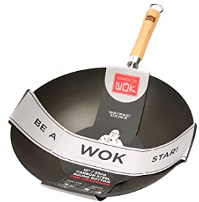 School of Wok - 13/33cm Pre-Seasoned Carbon Steel Round Bottom Wok with Bamboo Handle
