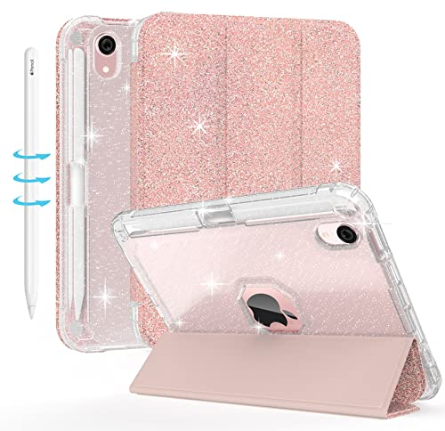 Sevrok iPad mini 7 A17 Pro 2024/iPad Mini 6 2021 8.3 Inch - Clear Smart Slim-Fit Glitter Sparkly with Apple Pencil Pairing & Charging Holder -Folio Stand Shiny Leather Cover (Rose Gold)