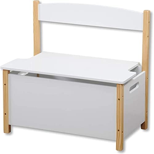 FSC Holz Aufbewahrungskiste mit Sitzbank - Spielzeugkiste - Zur Aufbewahrung von Kinderspielzeug - Holzbank - Größe 60 x 34.5 x 56 Cm