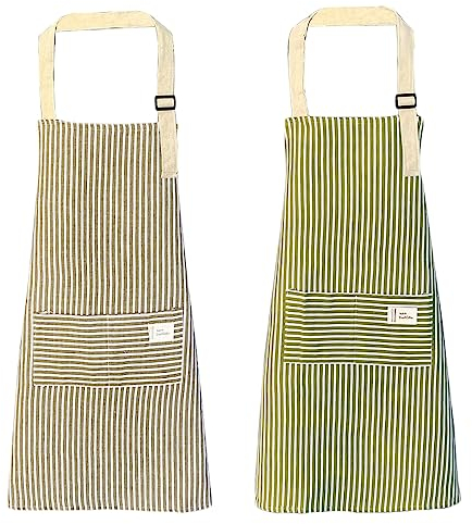 qipuneky 2er Set Küchenschürze Damen, Kochschürze mit Tasche, Schürze aus Baumwolle Leinen, zum Kochen, Backen, Malen, Hausarbeiten