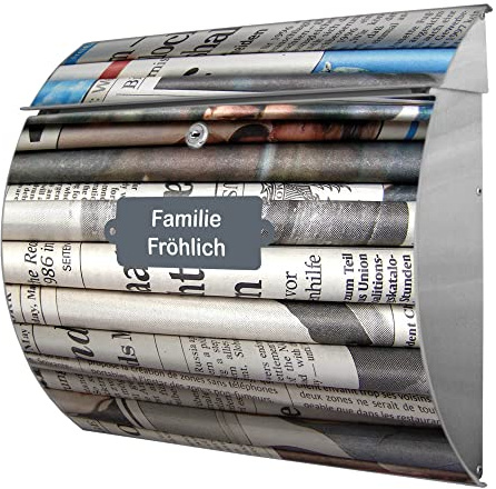 banjado® Burgwächter® Briefkasten Edelstahl mit Motiv Zeitungen/Edelstahl Briefkasten mit Namen personalisierbar/Briefkasten ohne Zeitungsfach mit Kippdach & Öffnungsstopp, 2 Schlüssel