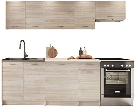 Küche Mela 180/240 cm, Küchenblock/Küchenzeile, Farbauswahl, 7 Schrank-Module frei kombinierbar (Sonoma Eiche/Petra Beige, mit LED Beleuchtung)