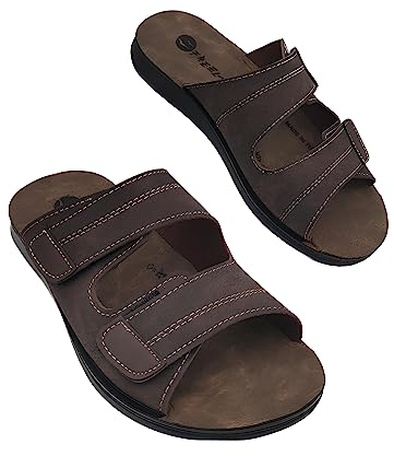 Fly Nature Freeland Ottime Ciabatte Uomo Estive in Eco Pelle Sandali Casa Mare Giardino Pantofole Aperte AntiSudore con Doppia Fascia a Strappo Ciabatta Confortevole e Anatomica (Cuoio, numeric_44)