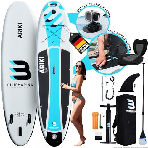 Bluemarina Stand Up Paddle Board Ariki aufblasbar - 𝟓 𝐉𝐀𝐇𝐑𝐄 𝐆𝐀𝐑𝐀𝐍𝐓𝐈𝐄 - bis 120 kg Tragkraft - inkl. Doppelhub Pumpe & Rucksack - 305x76x15cm - SUP Paddling (Ariki 305x76x15cm)