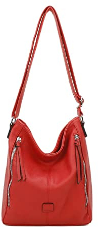 ITALYSHOP24 OBC DAMEN TASCHE Umhängetasche Schultertasche Shopper Crossbody Henkeltasche CrossOver Kunstleder Beuteltasche Handtasche Hobo Bag Reise Rot
