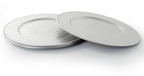 Rammento 4-Pack 33cm Silver Beaded Round Large Plastic Charger Plates | Set of 4 Dining Table Placemats, Underplates for Dinner Plates | Large Placemats for Christmas Tableware, Dining Accessories