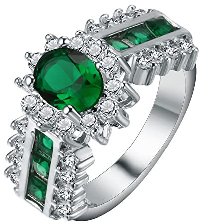 Hoisy Ring Damen Modeschmuck, Ring Zirkonia 4 Krappen mit Ovalen Grünen Zirkonia Silbergrün Oval Größe 57 (18.1)