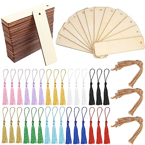 Kit de 90 pcs Marque-pages en Bois,12x3,2cm Marque-page Bois Rectangulaire | 30 Marque-pages Vierges en Bois, 30 Pompons Multicolores et 30 Ficelle de Chanvre