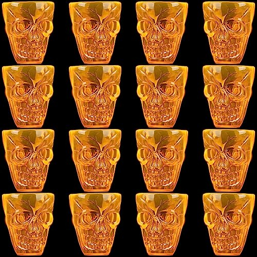 Vasos Calavera de Halloween, Saijer 55ml Vasos de Chupito de Calavera Vasos de Sidra Vaso Tazas Plástico Halloween Naranja Copas de Vino Calavera Pequeñas Agua Tazas Whisky Té Cafe para Fiestas 16 Pzs
