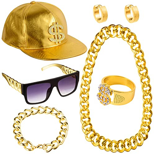 Peirich Hip Hop-Kostüm-Set, inklusive Sonnenbrille, Hip Hop und Gold, Dollarzeichen, Halskette, Armband, Ring, Zubehör für Rap-Konzerte