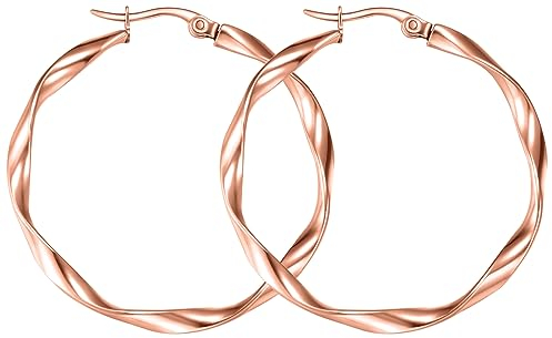 day.berlin Damen Creolen Celio in Rosegold 18k vergoldet, 35mm Durchmesser, gedrehte Ohrringe 2mm stark, 316L Edelstahl nickelfrei & wasserfest