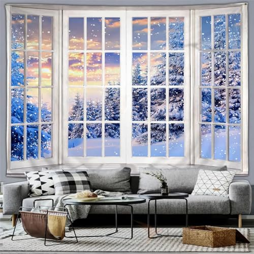 Weihnachtsdekor-Wandteppich-Schneewald Vor Fenstern,Wandteppich,Wandbehang,Winter-Weihnachtsbaum,Wandteppich Für Schlafzimmer,Wohnzimmer,Wohnheim,Wanddekoration,Wie Abgebildet,150 X 230 Cm (59 X 90