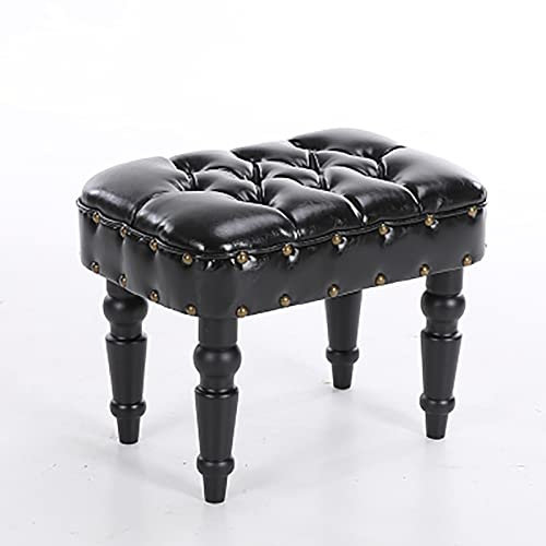 ASHILD Lederbank, Premium-Knöpfe, Ende des Bettes, gepolsterte Sitzbank, Massivholzrahmen, rustikale Schlafzimmerbank, Eingangsbank, Wohnzimmerbank, Schwarz, 51 x 35 x 42 cm (20 x 14 x 17 Zoll)