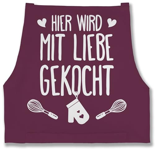 Shirtracer Schürze - Kochschürze - Erwachsene - Hier wird mit Liebe gekocht - 85x69 - Aubergine - damen schürzen küche küchenschürze koch kocht backschürze lustige geschenke für köche köchin geschenk