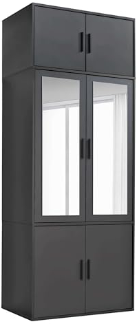 mokebo Kleiderschrank mit Spiegeltüren 4-türig & Fächer 'Der Grenzenlose', deckenhoher Spiegelschrank, Schlafzimmerschrank oder Schrank mit Spiegel in Schwarz aus Holz in 90x234x58 (BxHxT)