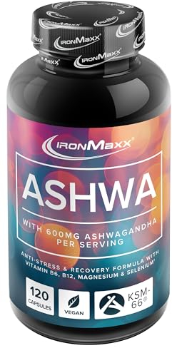 IronMaxx Ashwagandha - 120 Kapseln | 600mg KSM-66® pro Tagesdosis | Mit Vitamin B6 & B12 | mit Magnesium & Selenium | Vegan
