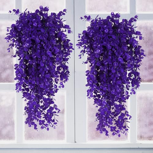 RECUTMS Artificial Hanging Plants 4Pcs Faux Eucalyptus Leaves Fake Plant Indoor Outdoor Home Decor Faux Greenery for House Room Garden Wall Patio Office Shelf Eucalyptus Decoration（Pure Purple）