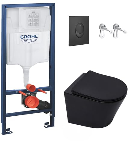 WC Suspendu Pack Complet Accessoires - Pack WC Grohe Bâti-support Grohe Rapid SL, WC Infinitio sans bride noir mat, Abattant softclose, Plaque noire mat, Abattant WC,Cuvette Toilette, Chasse d'eau Wc