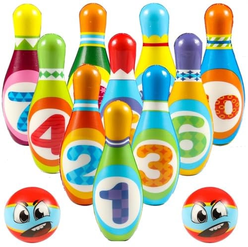 UieaMsio 12 Stück Bowling Set Kinder,kegelspiel für Kinder,Mini Drin und Draußen Spielzeug,Dosenwerfen Spielzeug für Kinder Ball Set ab 3 Jahre Mädchen Junge