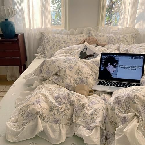 GETIYA Hellviolett Blümchen Bettwäsche 200x200 Romantisch Rüschen Bettwäsche Blumen Floral Muster Bettwaesche Teenager Mädchen Damen Bettbezug Baumwolle Blumen Deckenbezug mit 2 Kissenbezug 80x80