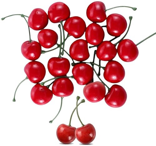 Goiern 20 pezzi di ciliegie artificiali, decorazione di frutta finte simulazione modello ciliegia realistica frutta ciliegia decorazione per la casa, la cucina, le feste, la scrivania (rosso)