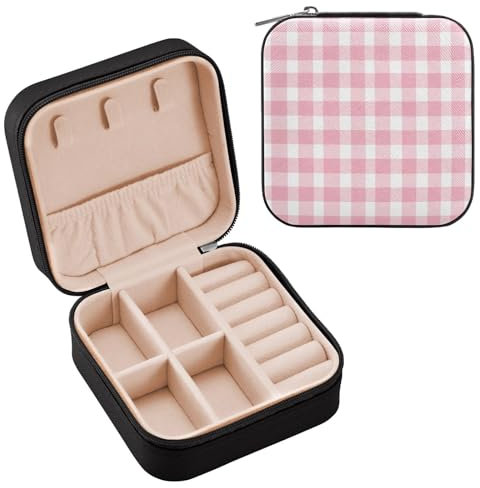 Cgiub Boîte à bijoux à carreaux rose et blanc pour femmes et filles, 10 x 10 x 5 cm, boîte à bijoux de voyage portable en cuir synthétique, boîte de rangement pour Noël, fête des mères, Saint-Valentin