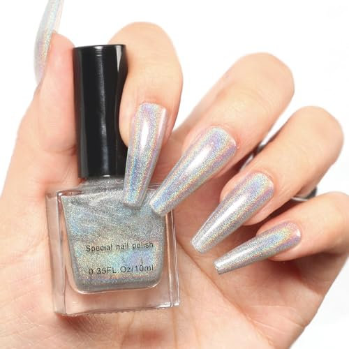 Chameleon Silver Holographic Nail Polish - Quick Dry Chrome Nail Varnish with Shiny Effect - Long Lasting 60 Seconds Nail Polish for Women Girls DIY Manicure and Nail Art