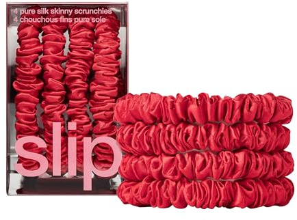 slip Skinny Red Scrunchies - Back to School Range - Anti-Crease, Anti-Breakage Slipsilk Hair Ties - Design Protects Delicate Hair - Includes 4 x Pure Silk Scrunchy For Hair Pony Tails