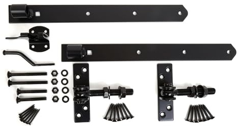 Torbeschlag Set 400 mm verstellbare Ladenbänder mit Platten Gartentorfalle Schwarz Stahl pulverbeschichtet M16 für Gartentor Zaun Tor