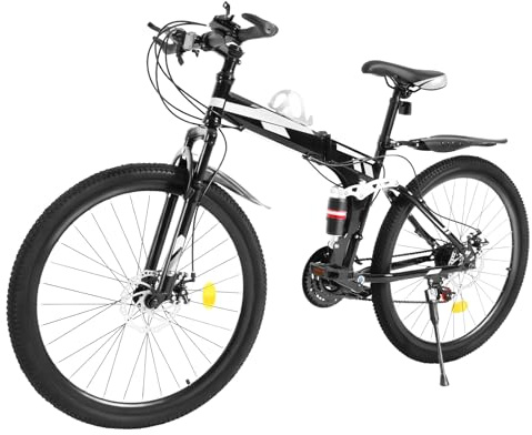 KLOOLIVE 26 Zoll Mountainbike, Doppelscheibenbremse 21 Gang-Schaltung Faltbares Fahrrad, 110kg Belastbarkeit mit Getränkehalter und Schutzblech für Fitness, Off-Road-Herausforderungen und Wettbewerbe