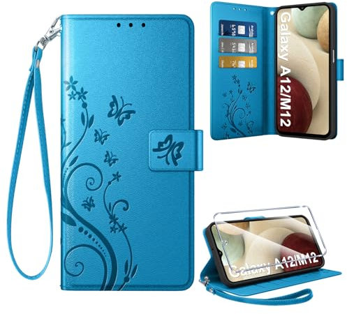 Coiwxmoi Coque pour Samsung Galaxy A12/M12 + 1 Verre Trempé, Retro Design Housse Premium en Cuir PU Pochette de Portefeuille pour Porte Cartes Fonction Stand Flip Etui pour Samsung A12, Bleu
